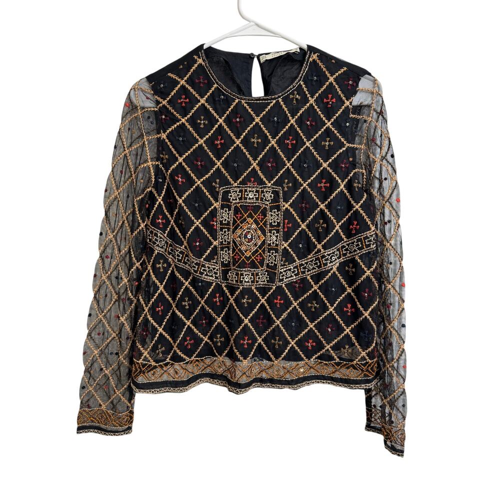 Zara Basic Mesh Embroidered & Beaded Long Sleeve Top Black Medium
